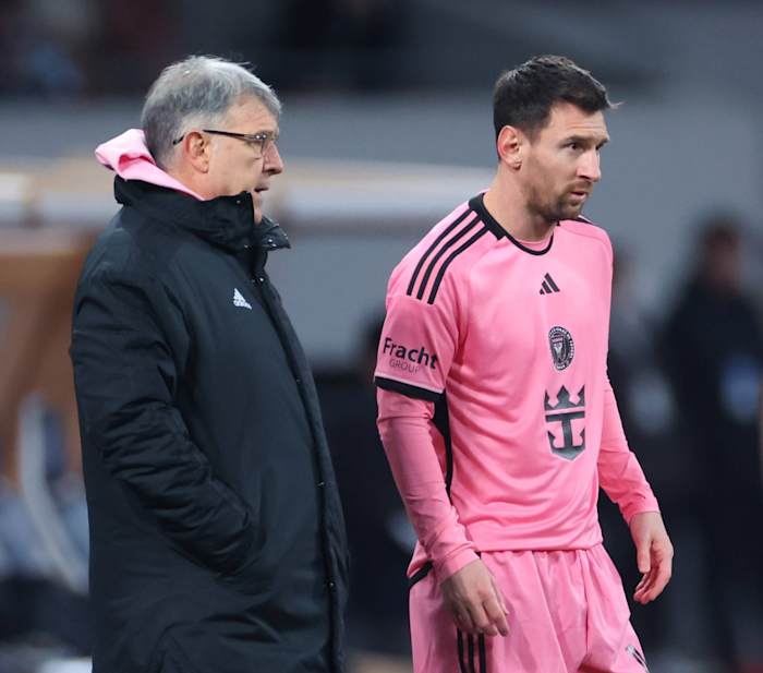 Inter Miami head coach Gerardo Martino (left) and club captain Lionel Messi pictured in February 2024 during a pre-season game in Japan